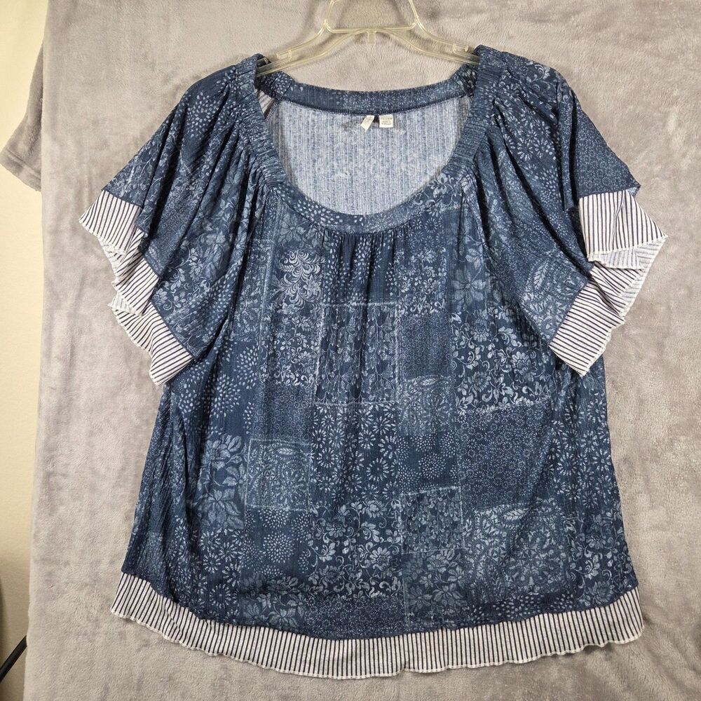 Cato Fashions Plus Size 22/24W Blue Floral Patchwork Ruffle Sleeve Blouse Top